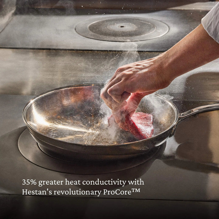 Person searing meat in a frying pan on a stovetop with text about Hestan's ProCore technology.