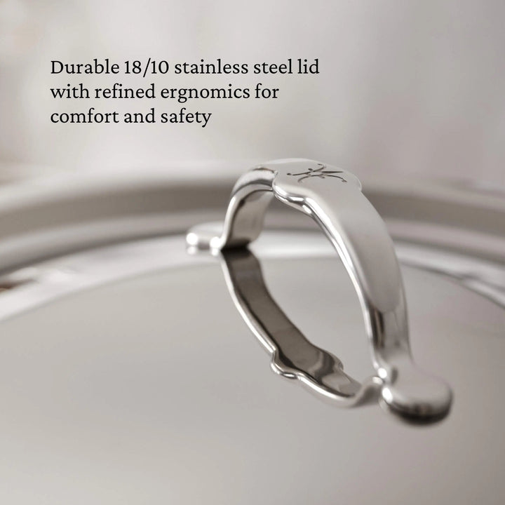 Stainless steel lid handle with text on durability and ergonomics
