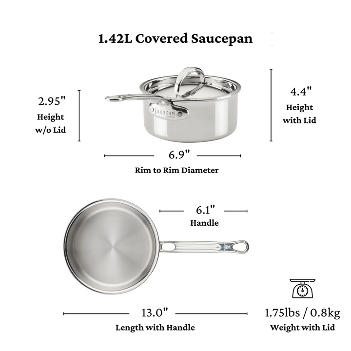 Stainless steel covered saucepan with dimensions and weight displayed on a white background