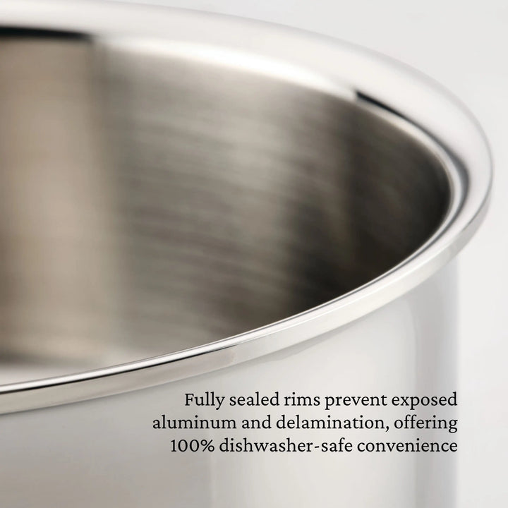 Close-up of a stainless steel pot with text about dishwasher safety.