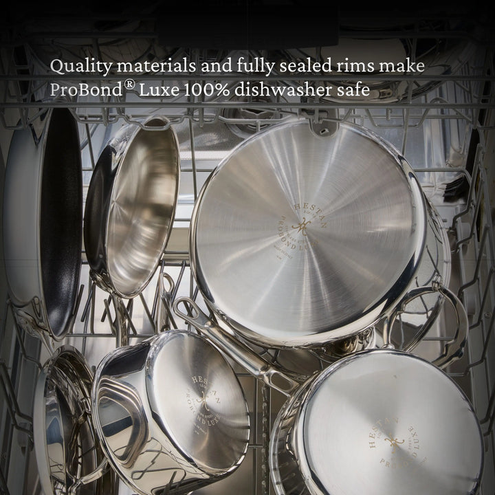 Silver pots and pans in a dishwasher with text about ProBond Luxe's dishwasher safety.