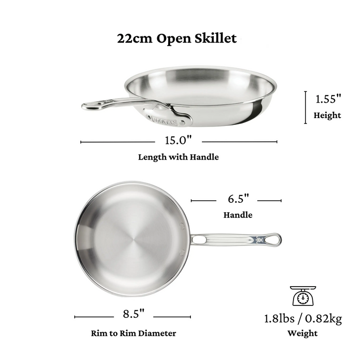 22cm open skillet with measurements on a white background