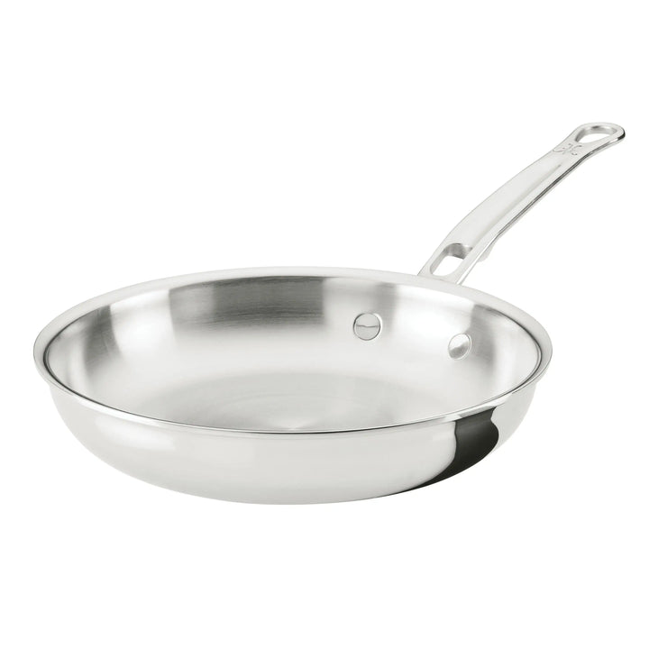 Stainless steel frying pan on a white background
