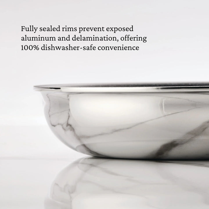Silver bowl with text about dishwasher-safe convenience on a white background