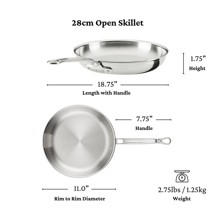Stainless steel open skillet with dimensions and weight displayed on a white background