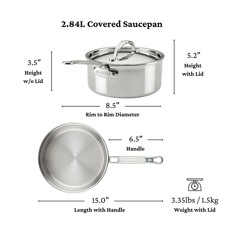 Stainless steel covered saucepan with dimensions and weight displayed on a white background